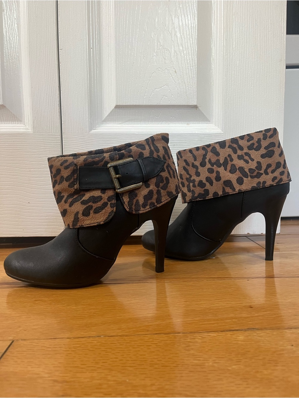 new directions Black Ankle Booties with Leopard Fold-Over Cuff